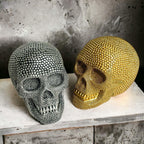 Resin Beaded Skull Decor Silver Skeleton Head Handmade Rustic Bookend Centerpiece Halloween