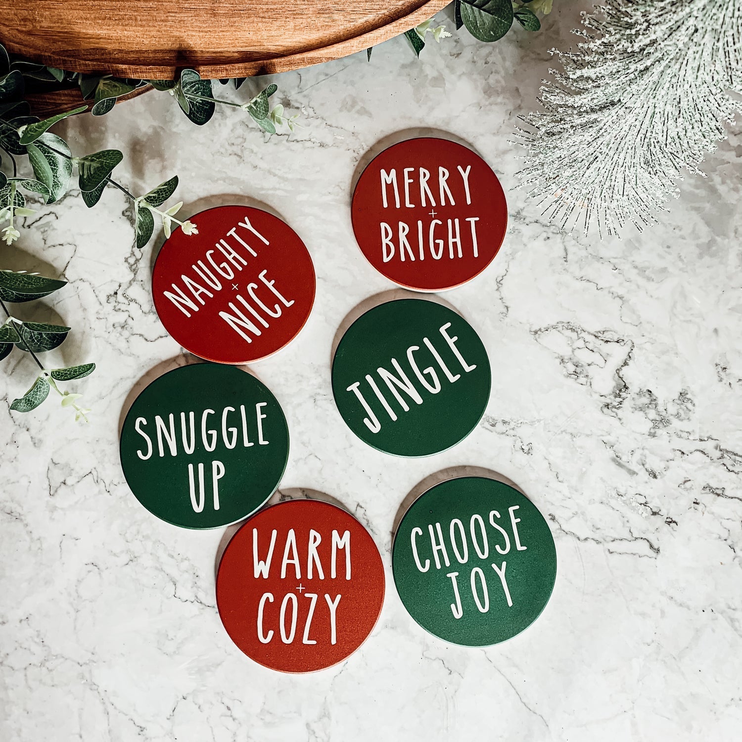 Holiday Ceramic Coaster Set With Cork Back Non Scratch Decorative Display Ready Table Accent BandsCo Straps