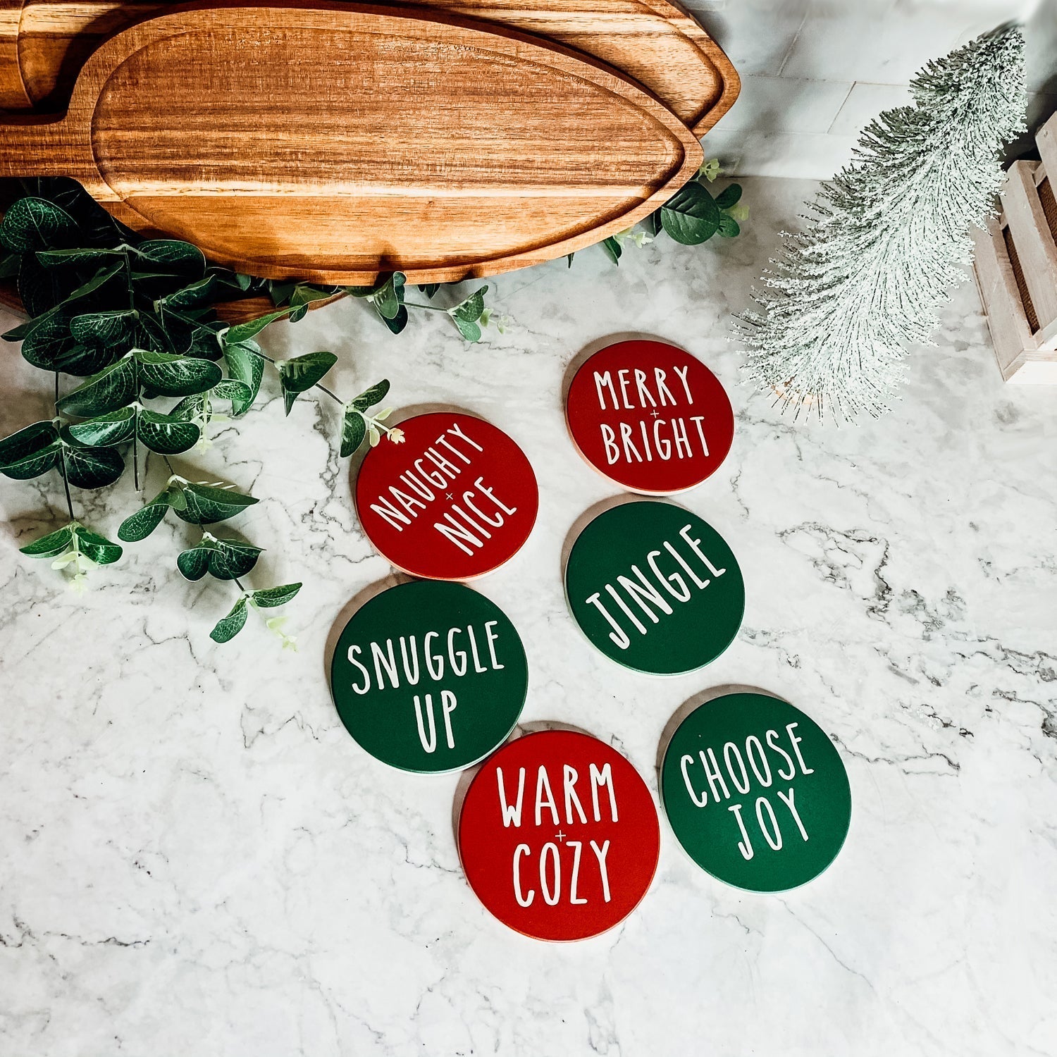 Holiday Ceramic Coaster Set With Cork Back Non Scratch Decorative Display Ready Table Accent BandsCo Straps