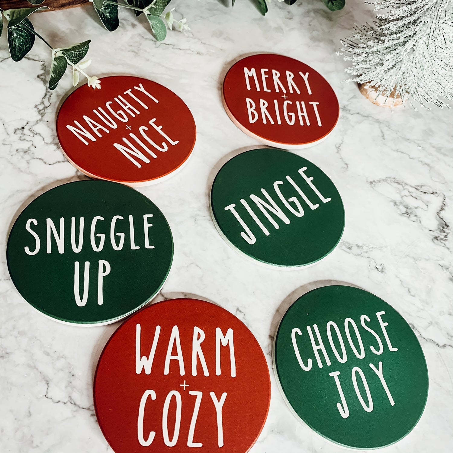 Holiday Ceramic Coaster Set With Cork Back Non Scratch Decorative Display Ready Table Accent BandsCo Straps