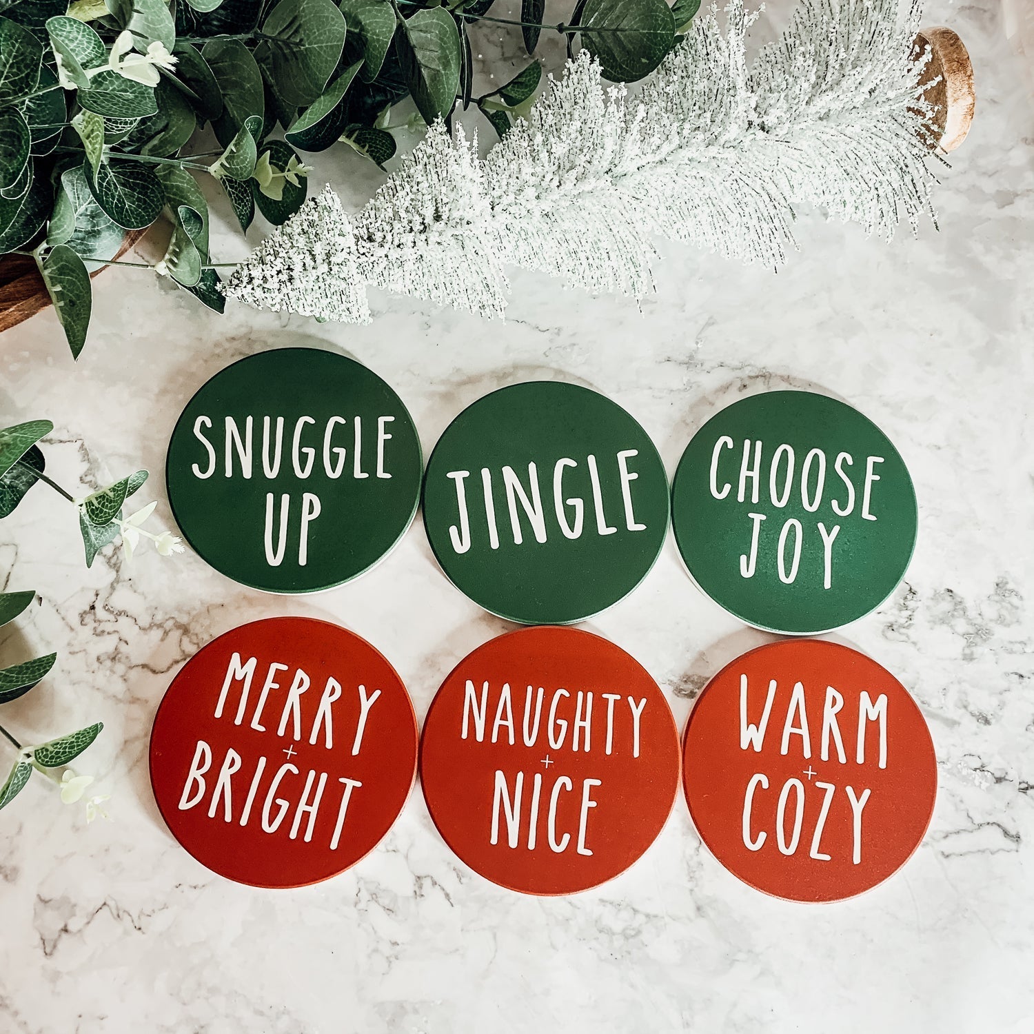Holiday Ceramic Coaster Set With Cork Back Non Scratch Decorative Display Ready Table Accent BandsCo Straps
