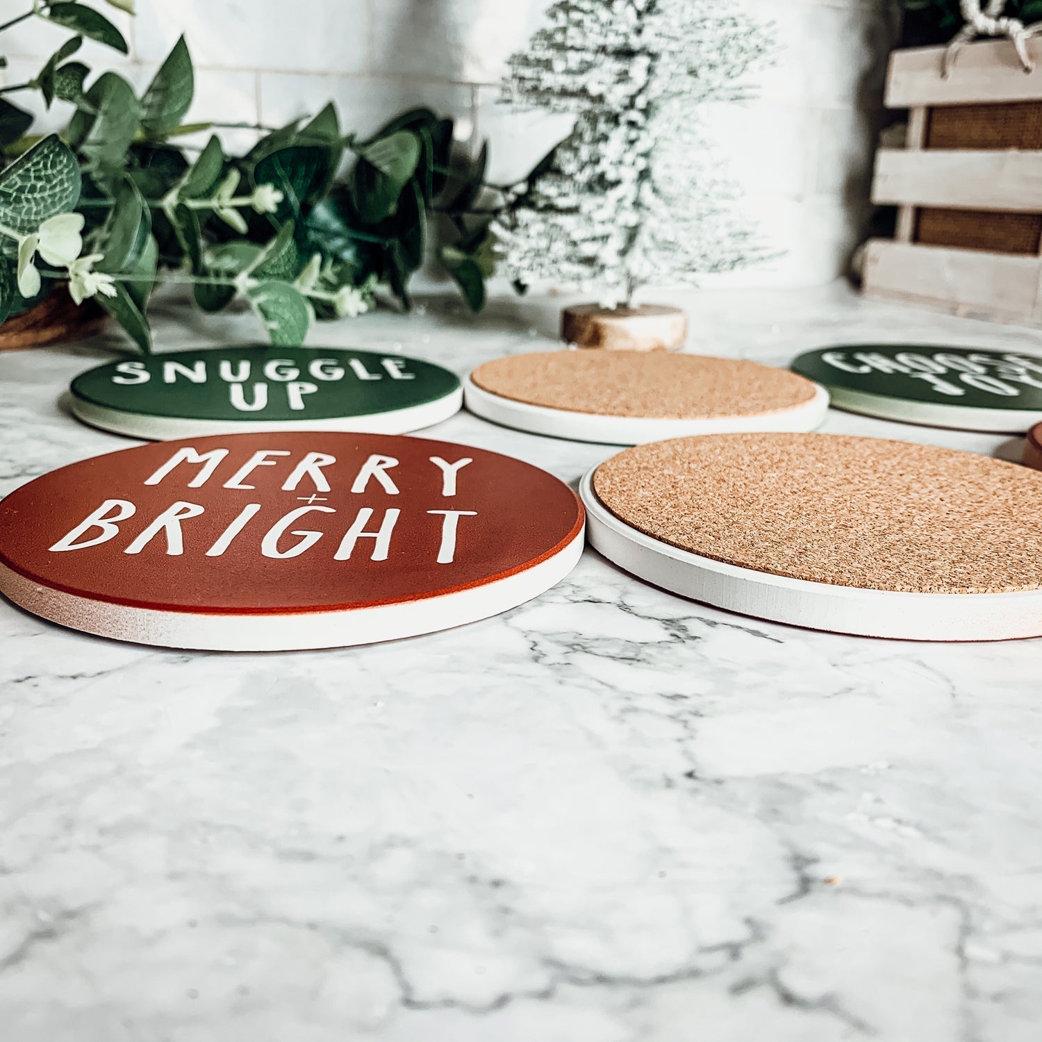 Holiday Ceramic Coaster Set With Cork Back Non Scratch Decorative Display Ready Table Accent BandsCo Straps