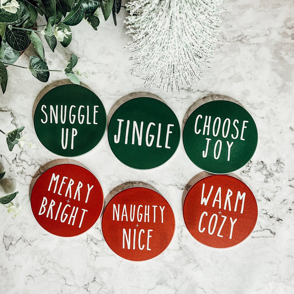 Holiday Ceramic Coaster Set With Cork Back Non Scratch Decorative Display Ready Table Accent BandsCo Straps