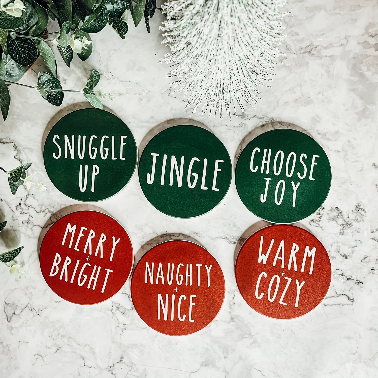Holiday Ceramic Coaster Set With Cork Back Non Scratch Decorative Display Ready Table Accent BandsCo Straps