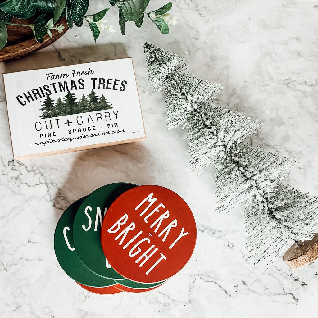 Holiday Ceramic Coaster Set With Cork Back Non Scratch Decorative Display Ready Table Accent BandsCo Straps
