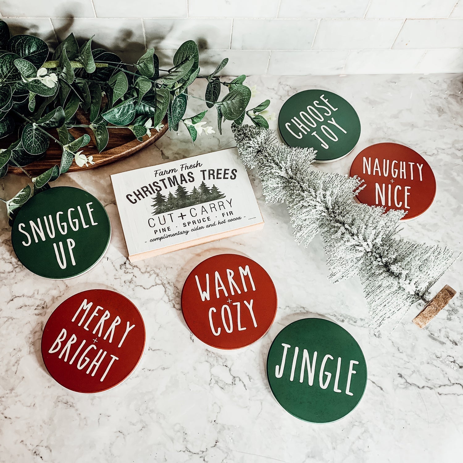 Holiday Ceramic Coaster Set With Cork Back Non Scratch Decorative Display Ready Table Accent BandsCo Straps
