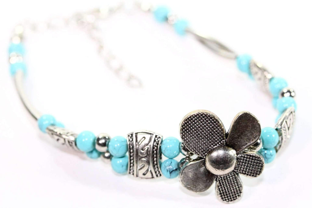 Turquoise Silver Petal Flower Bracelet With Extender BandsCo Straps