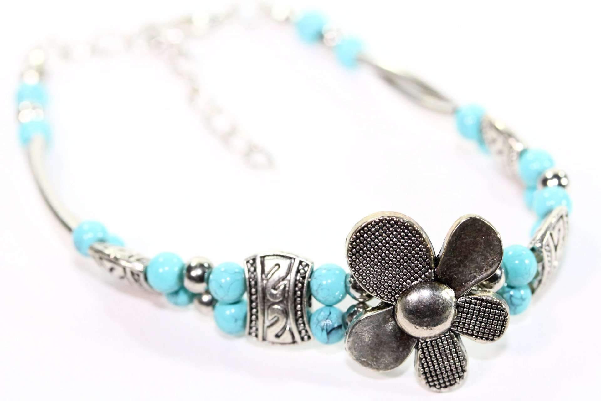 Turquoise Silver Petal Flower Bracelet With Extender BandsCo Straps