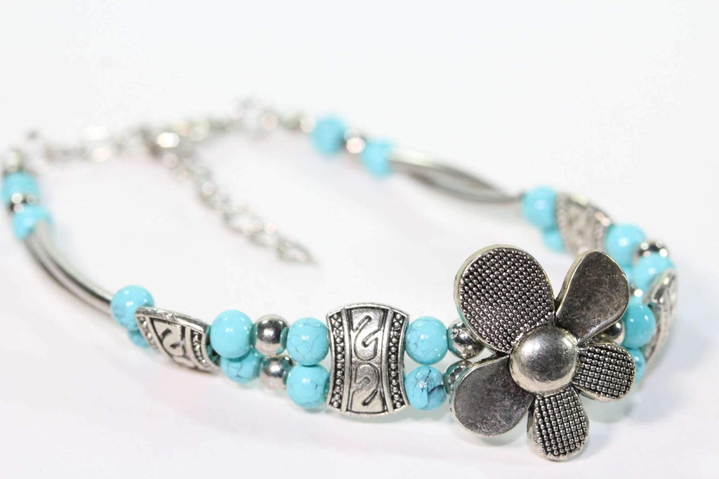 Turquoise Silver Petal Flower Bracelet With Extender BandsCo Straps