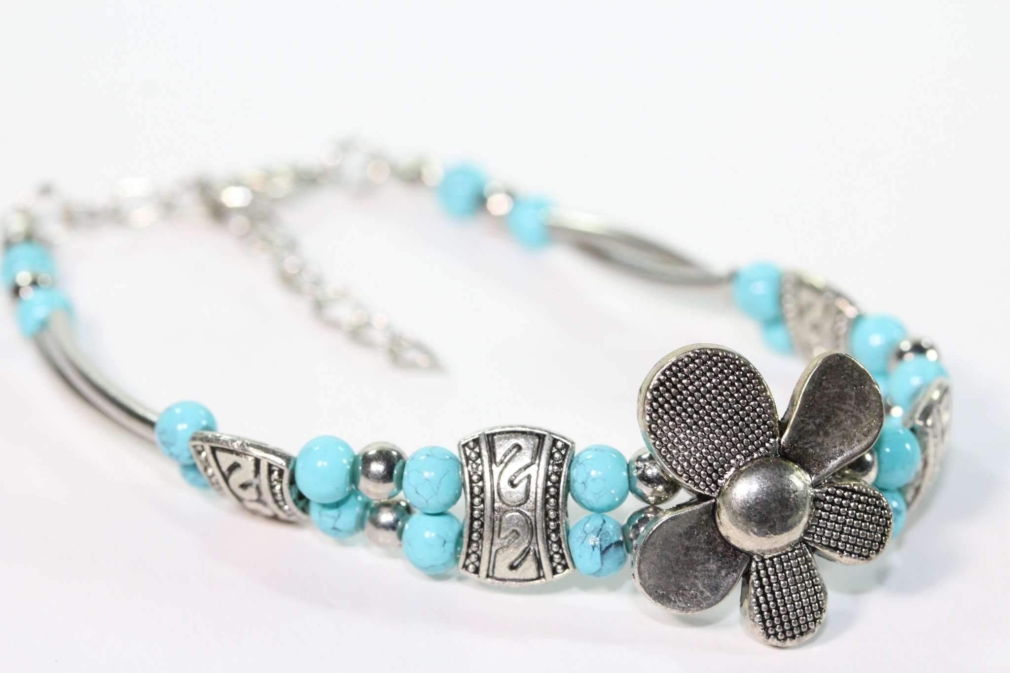 Turquoise Silver Petal Flower Bracelet With Extender BandsCo Straps