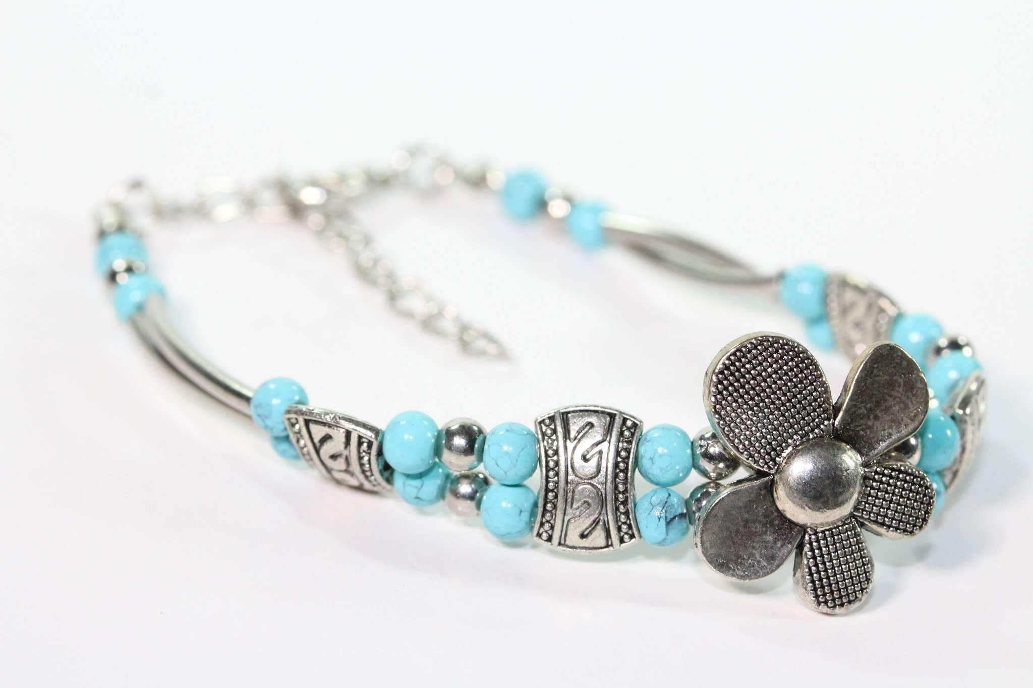 Turquoise Silver Petal Flower Bracelet With Extender BandsCo Straps