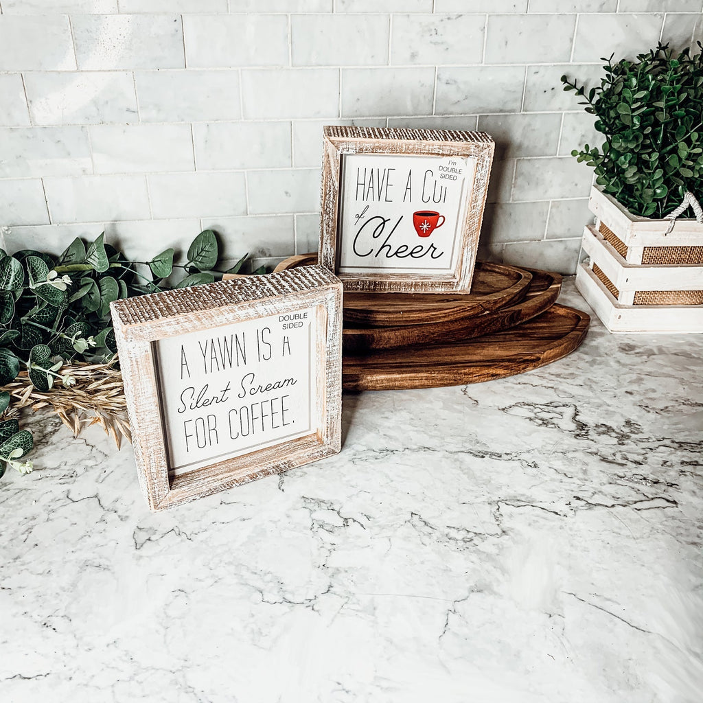 Cup Of Cheer Double Sided Coffee Bar Sign Holiday Winter Coffee Decor Red Mug Snowflake BandsCo Straps