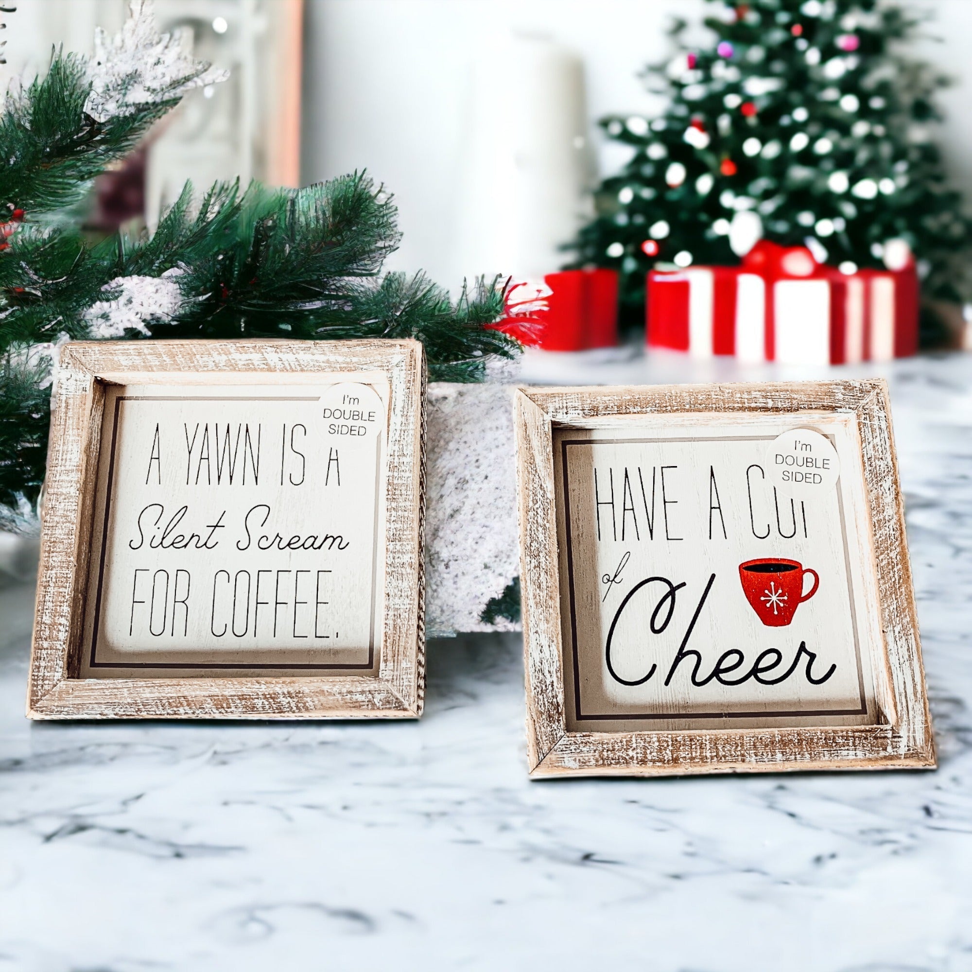 Cup Of Cheer Double Sided Coffee Bar Sign Holiday Winter Coffee Decor Red Mug Snowflake BandsCo Straps