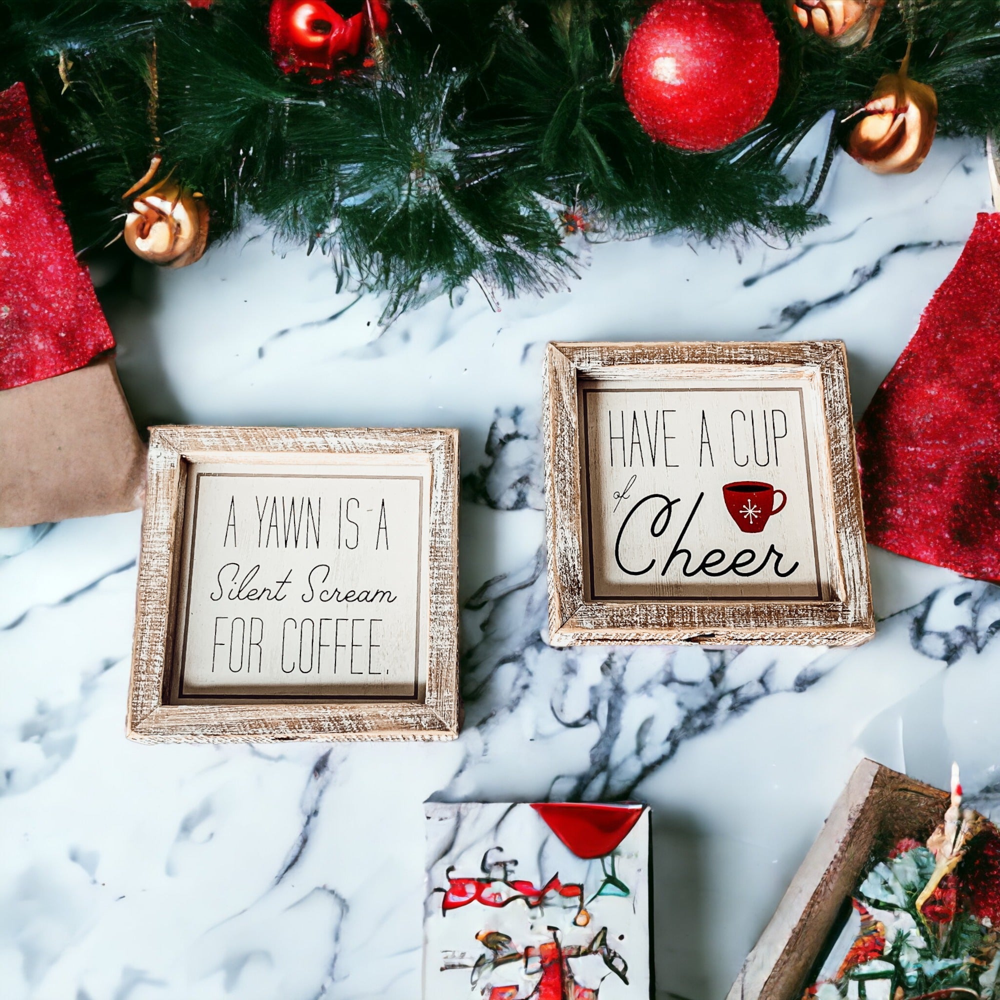 Cup Of Cheer Double Sided Coffee Bar Sign Holiday Winter Coffee Decor Red Mug Snowflake BandsCo Straps