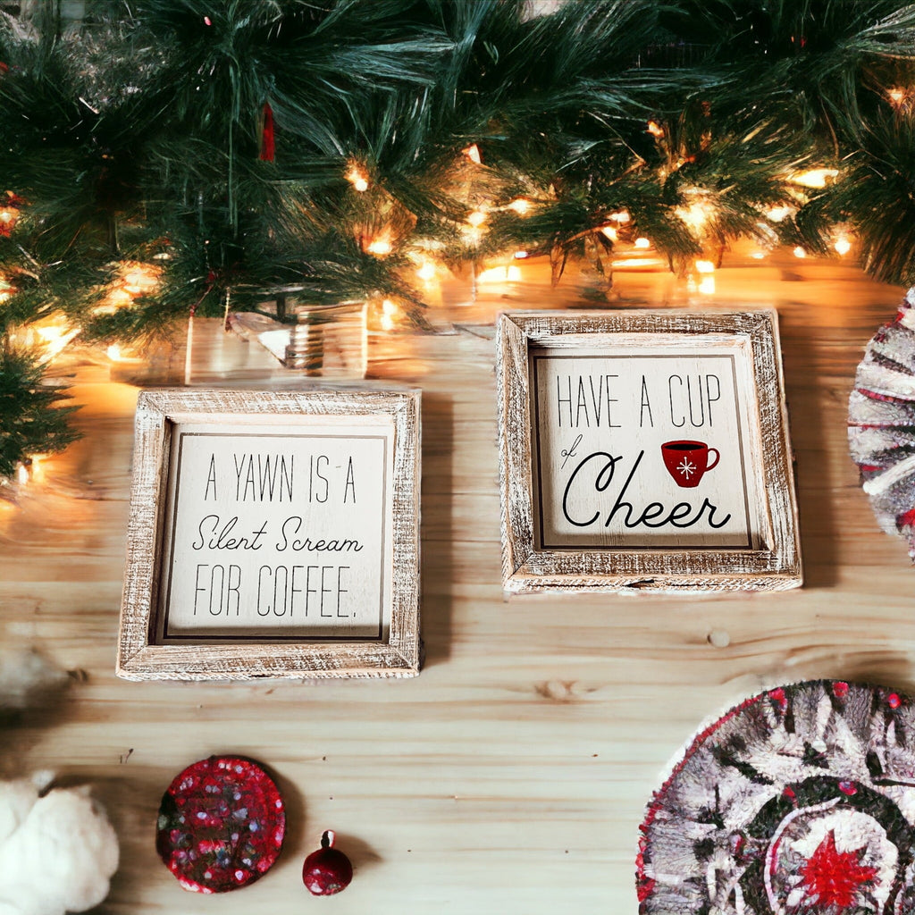 Cup Of Cheer Double Sided Coffee Bar Sign Holiday Winter Coffee Decor Red Mug Snowflake BandsCo Straps