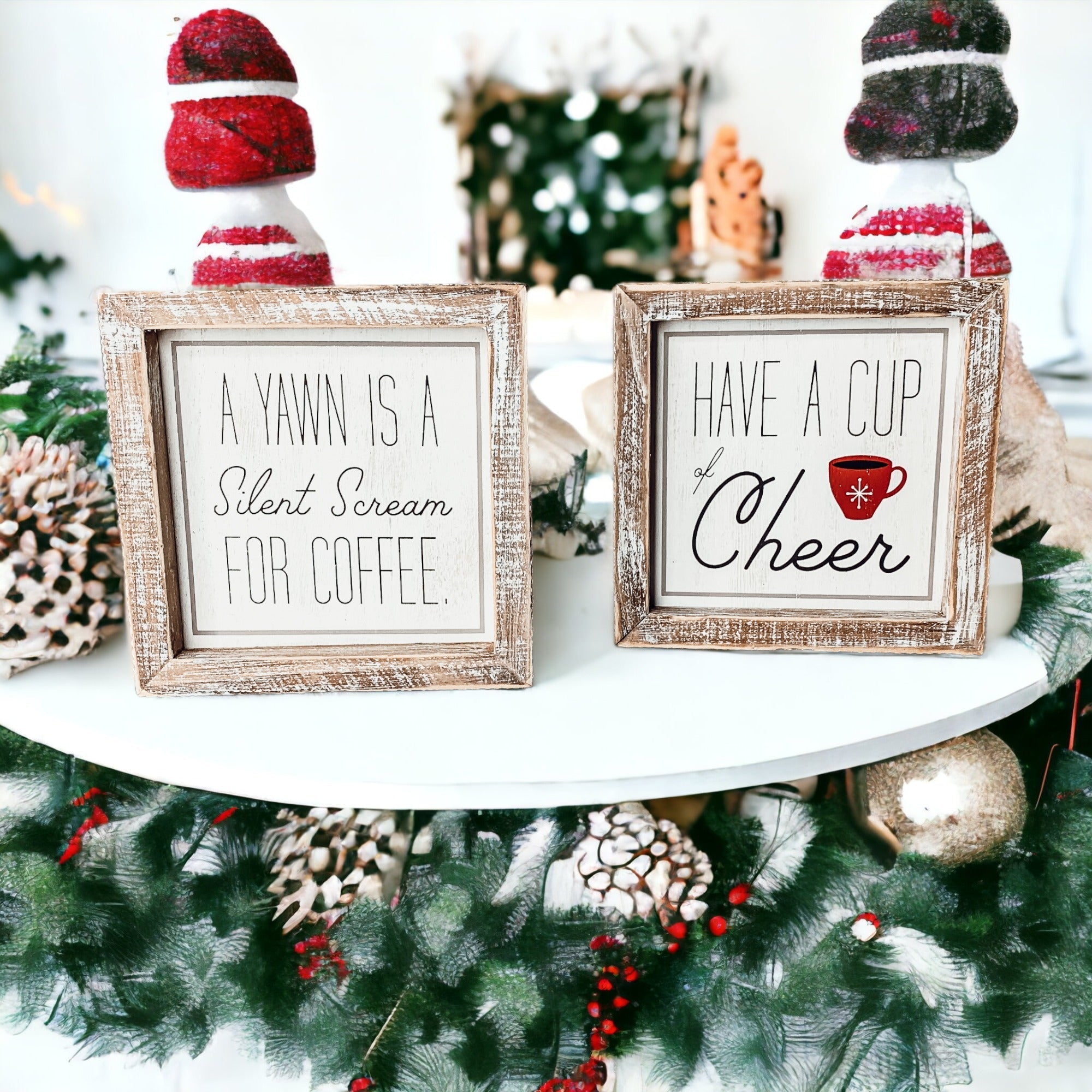 Cup Of Cheer Double Sided Coffee Bar Sign Holiday Winter Coffee Decor Red Mug Snowflake BandsCo Straps