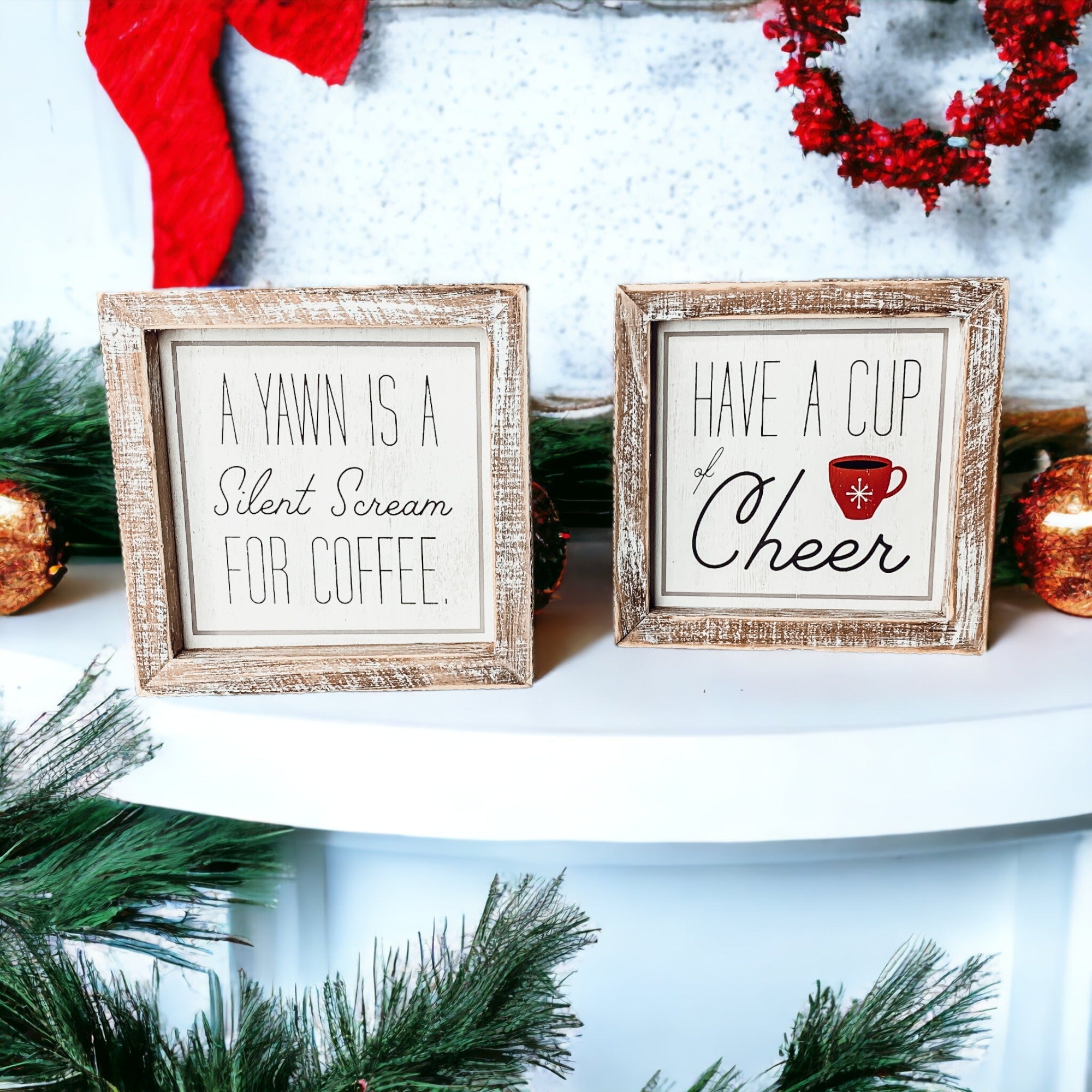 Cup Of Cheer Double Sided Coffee Bar Sign Holiday Winter Coffee Decor Red Mug Snowflake BandsCo Straps
