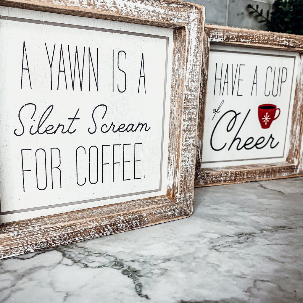 Cup Of Cheer Double Sided Coffee Bar Sign Holiday Winter Coffee Decor Red Mug Snowflake BandsCo Straps