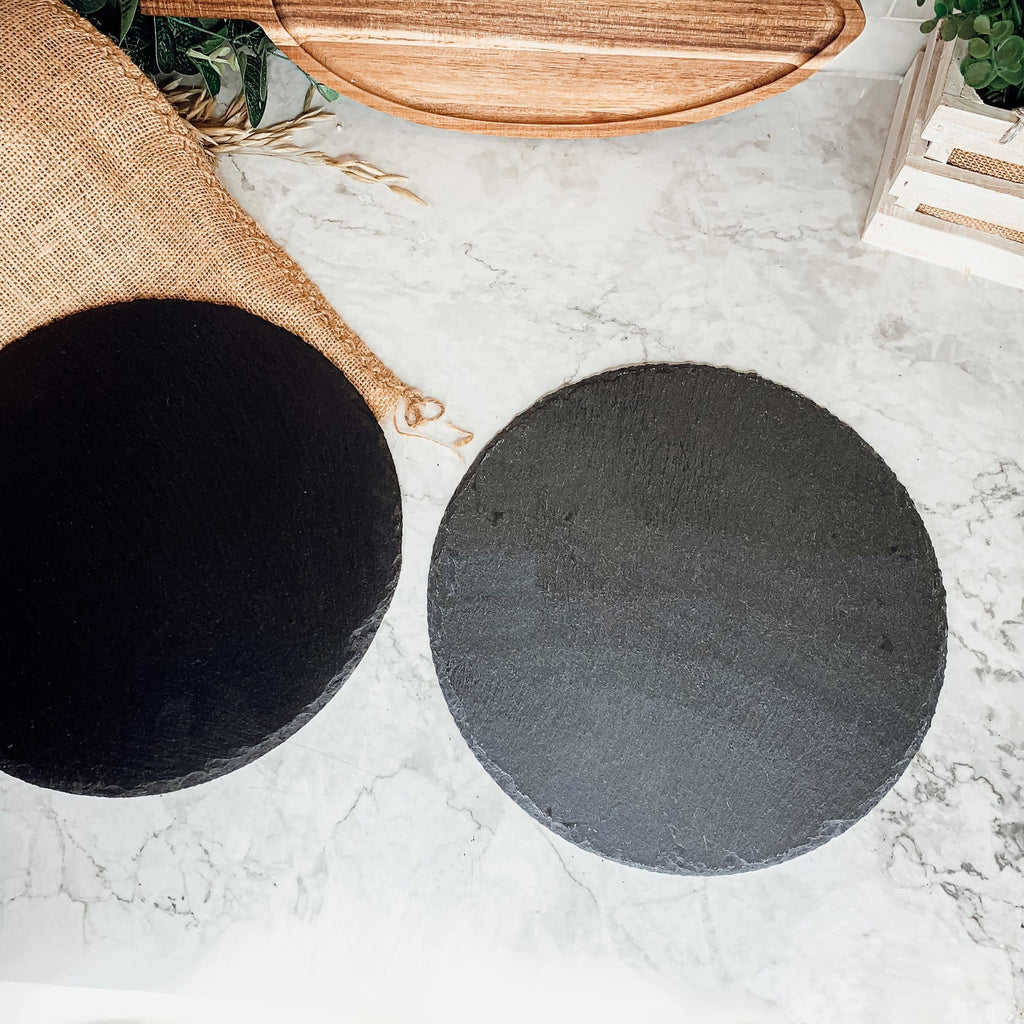 Slate Round 11" Cheese Board Natural Layered Edge Slim 5-6mm BandsCo Straps
