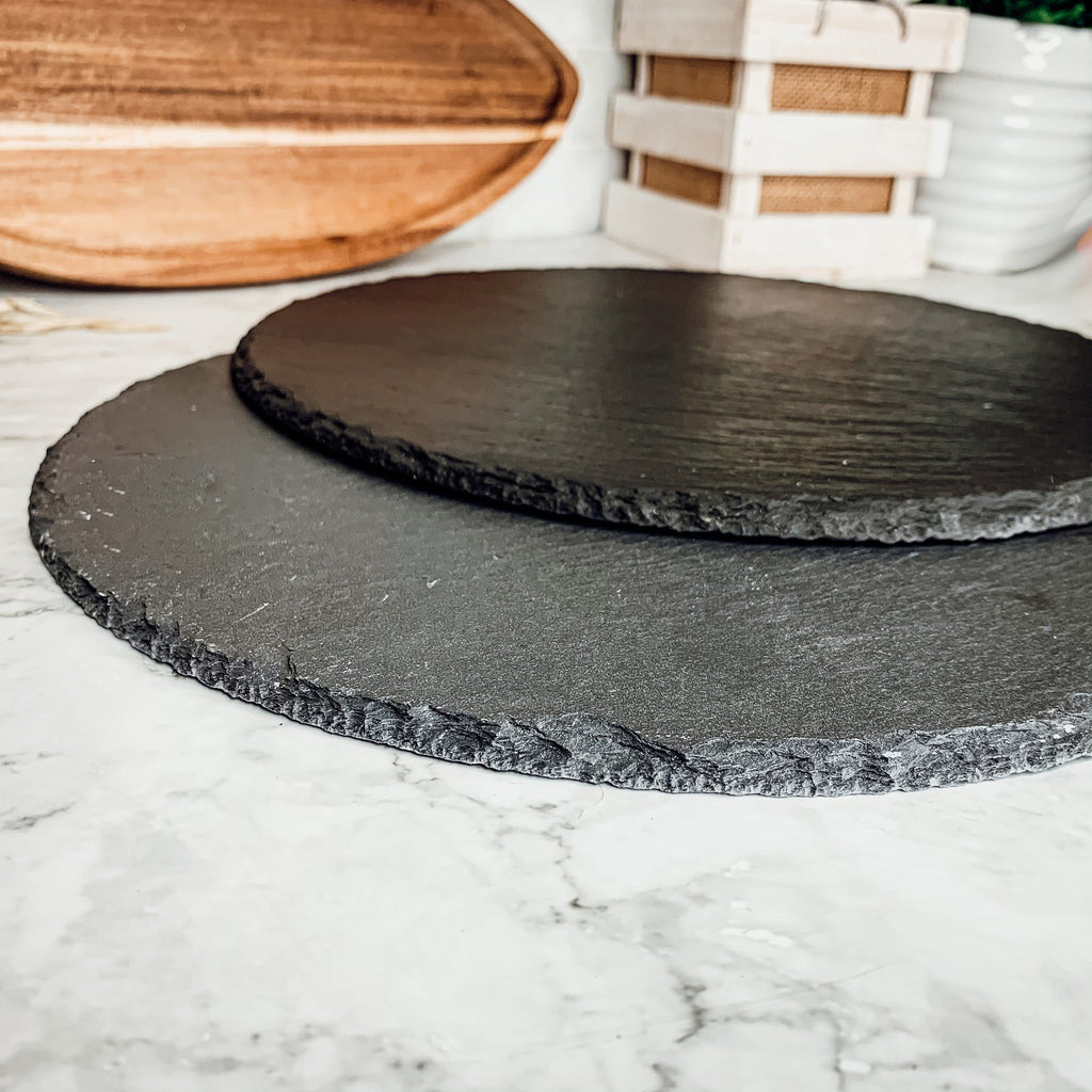 Slate Round 11" Cheese Board Natural Layered Edge Slim 5-6mm BandsCo Straps