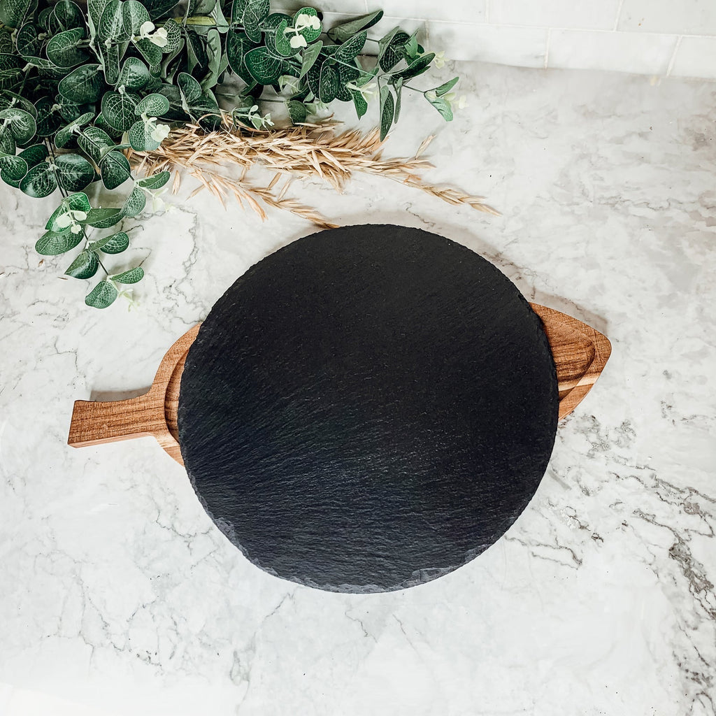 Slate Round 11" Cheese Board Natural Layered Edge Slim 5-6mm BandsCo Straps