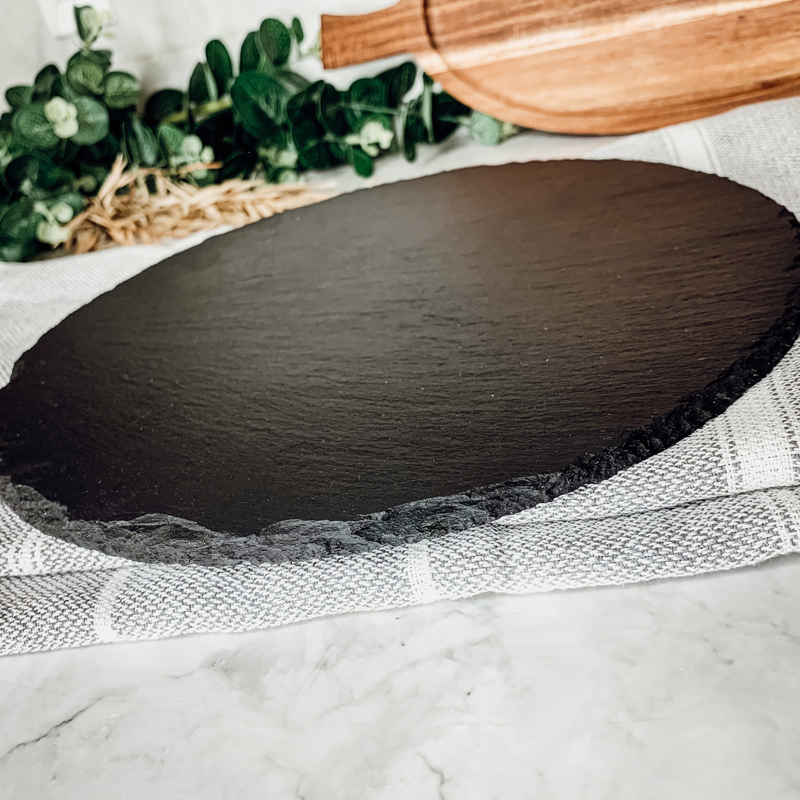 Slate Round 11" Cheese Board Natural Layered Edge Slim 5-6mm BandsCo Straps