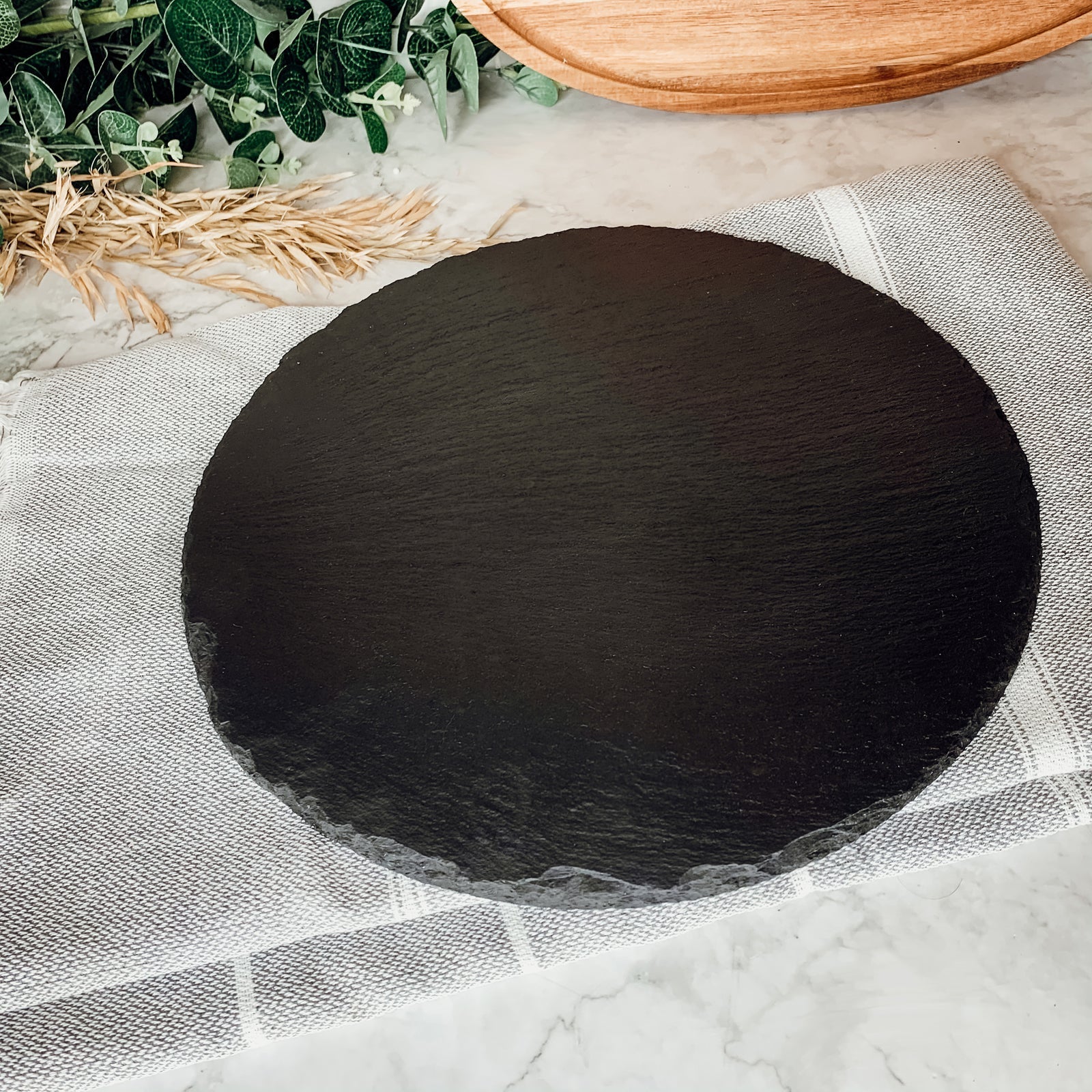 Slate Round 11" Cheese Board Natural Layered Edge Slim 5-6mm BandsCo Straps