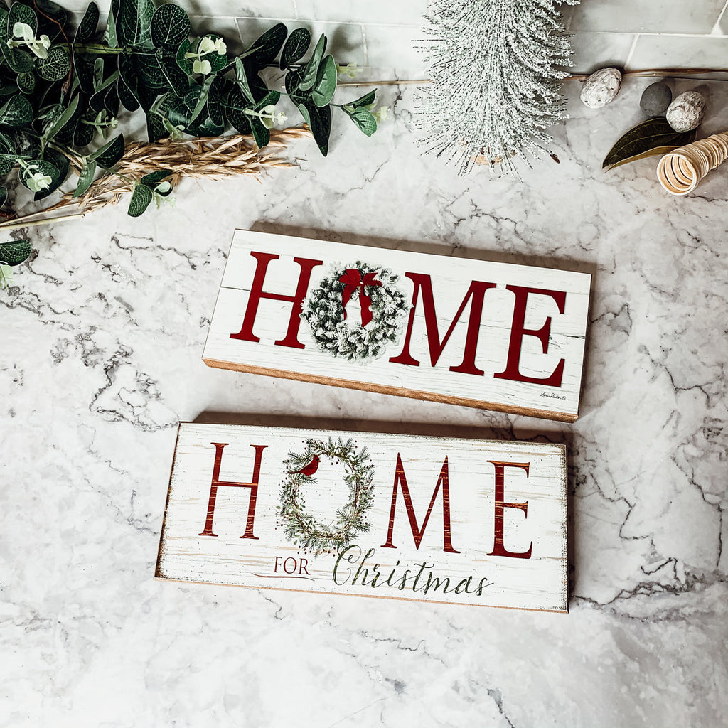 Home For Christmas Wooden Sign With Wreath Holiday Mantel Shelf Decor BandsCo Straps