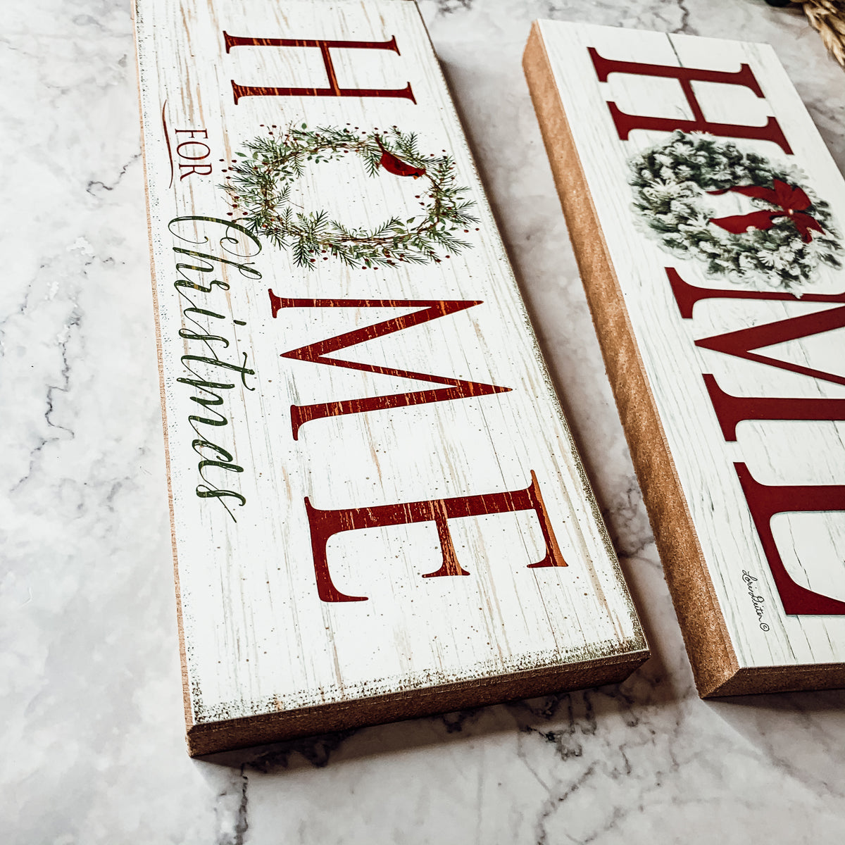 Home For Christmas Wooden Sign With Wreath Holiday Mantel Shelf Decor BandsCo Straps
