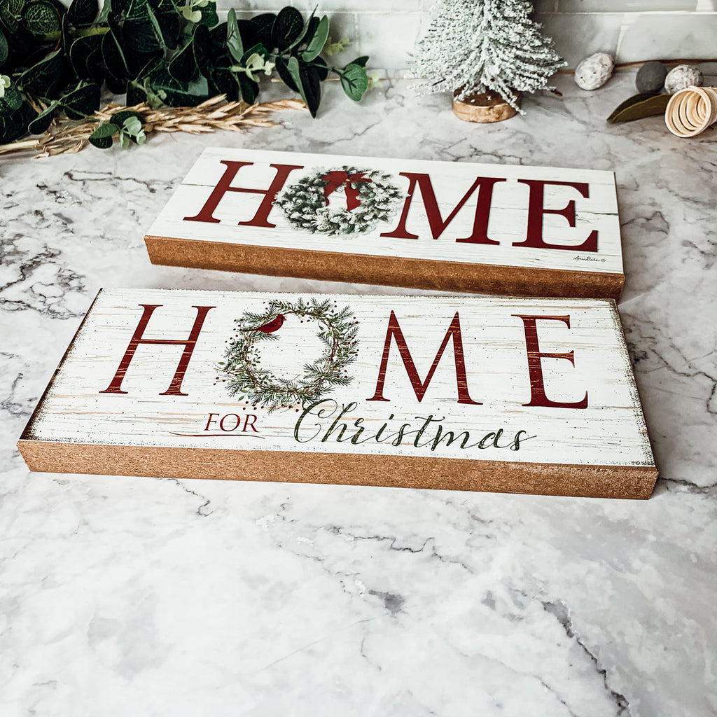 Home For Christmas Wooden Sign With Wreath Holiday Mantel Shelf Decor BandsCo Straps