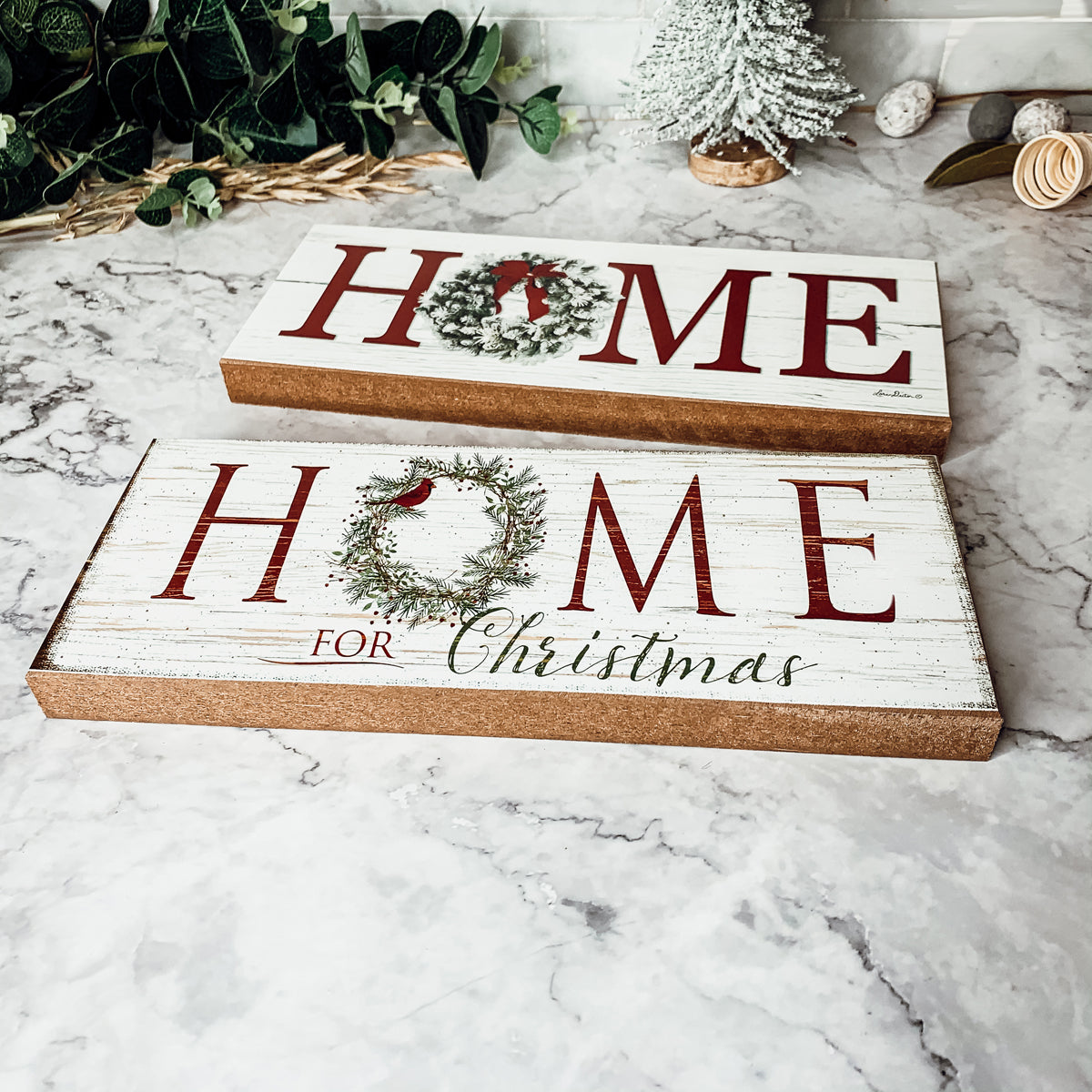 Home For Christmas Wooden Sign With Wreath Holiday Mantel Shelf Decor BandsCo Straps
