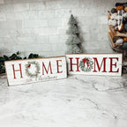Home For Christmas Wooden Sign With Wreath Holiday Mantel Shelf Decor BandsCo Straps