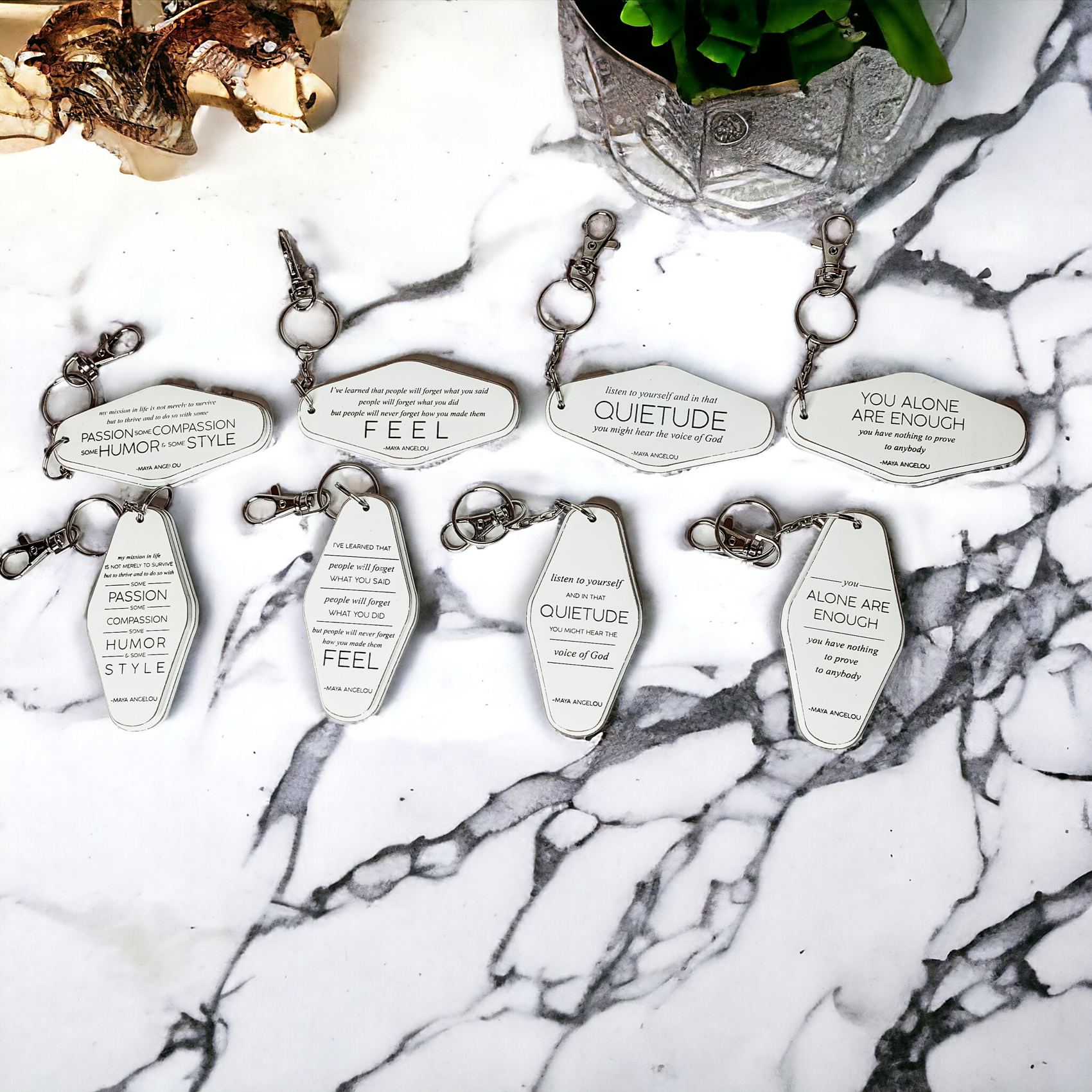 Wooden Inspirational Keychains Double Sided Engraved Motivational Messages Vertical Horizontal BandsCo Straps