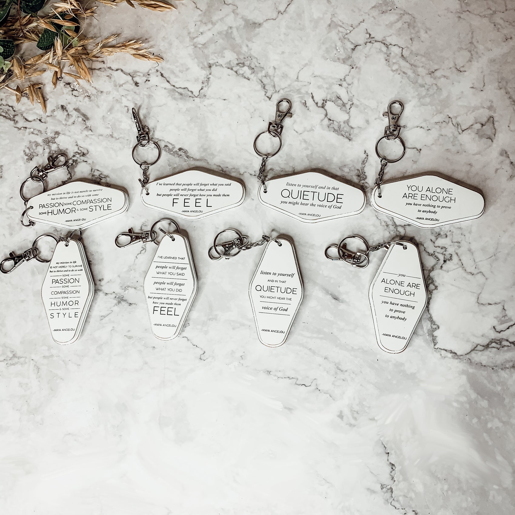 Wooden Inspirational Keychains Double Sided Engraved Motivational Messages Vertical Horizontal BandsCo Straps