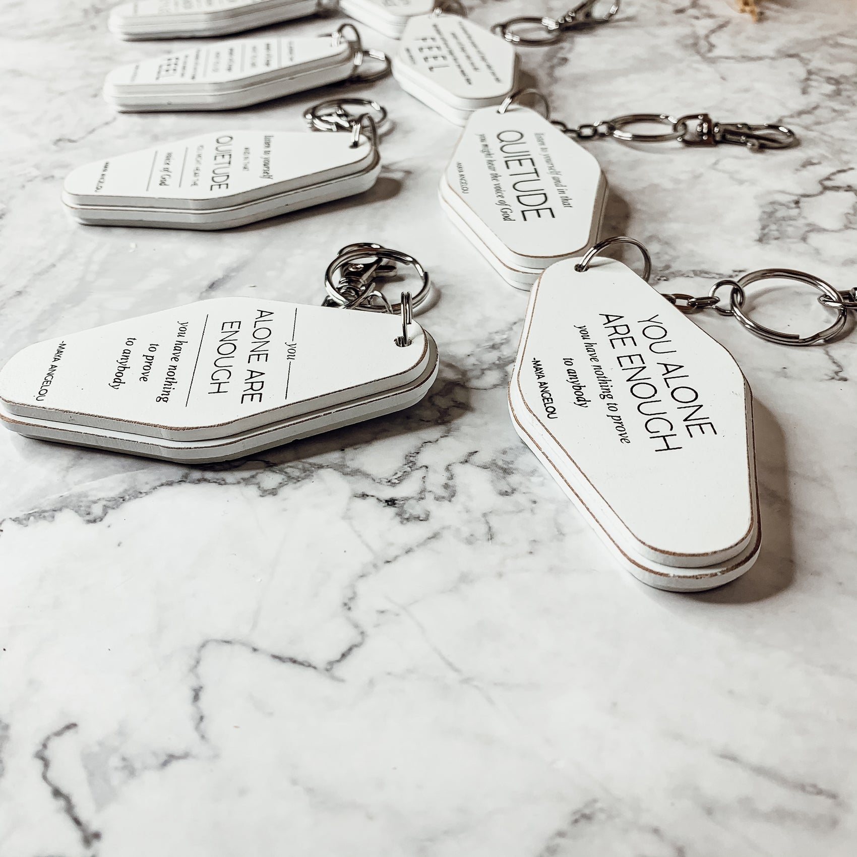 Wooden Inspirational Keychains Double Sided Engraved Motivational Messages Vertical Horizontal BandsCo Straps