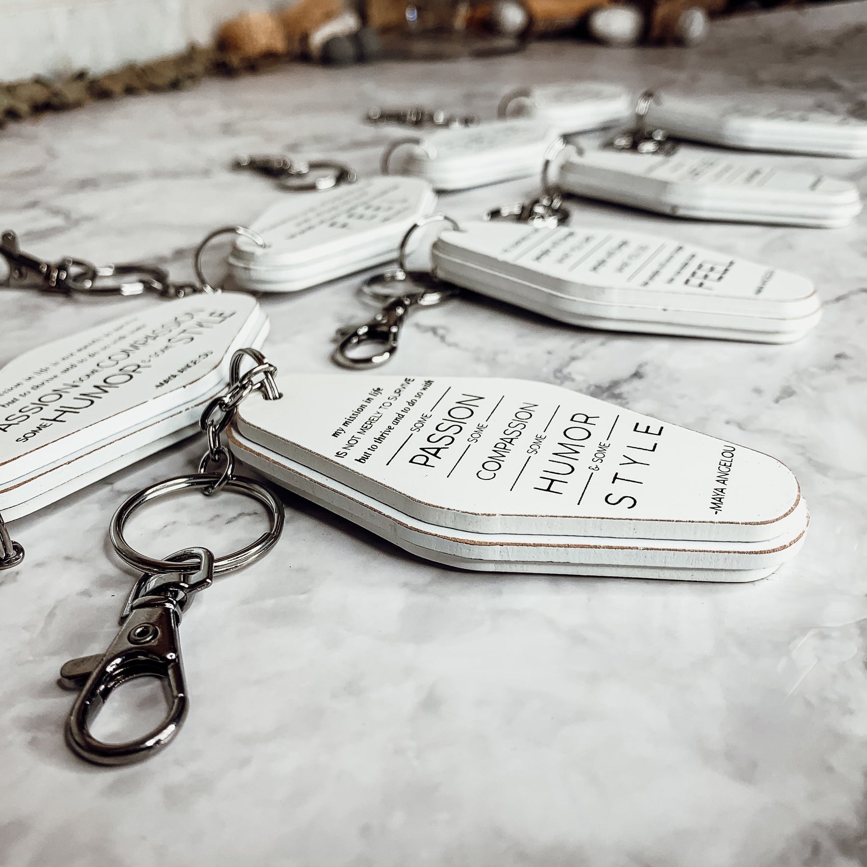 Wooden Inspirational Keychains Double Sided Engraved Motivational Messages Vertical Horizontal BandsCo Straps