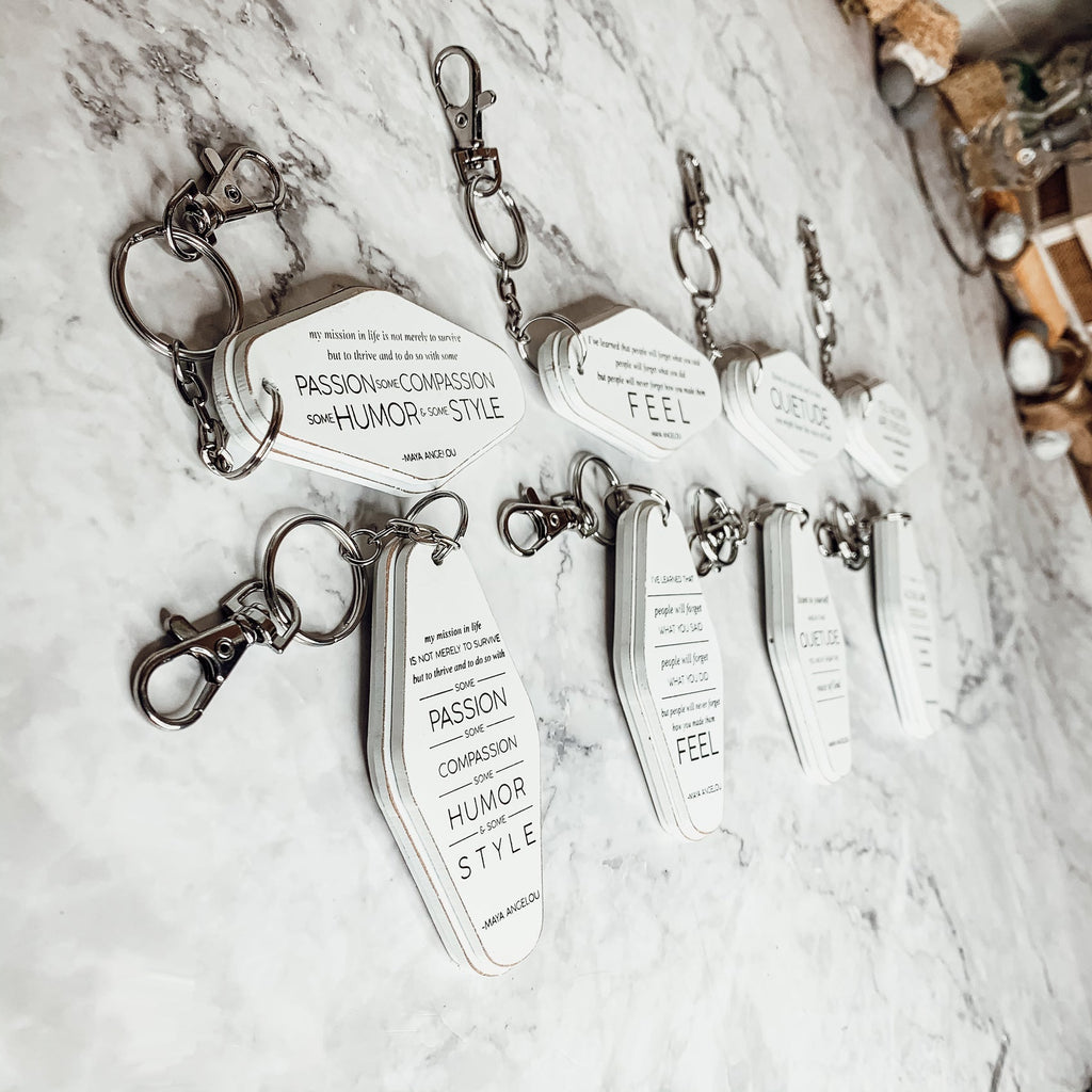 Wooden Inspirational Keychains Double Sided Engraved Motivational Messages Vertical Horizontal BandsCo Straps