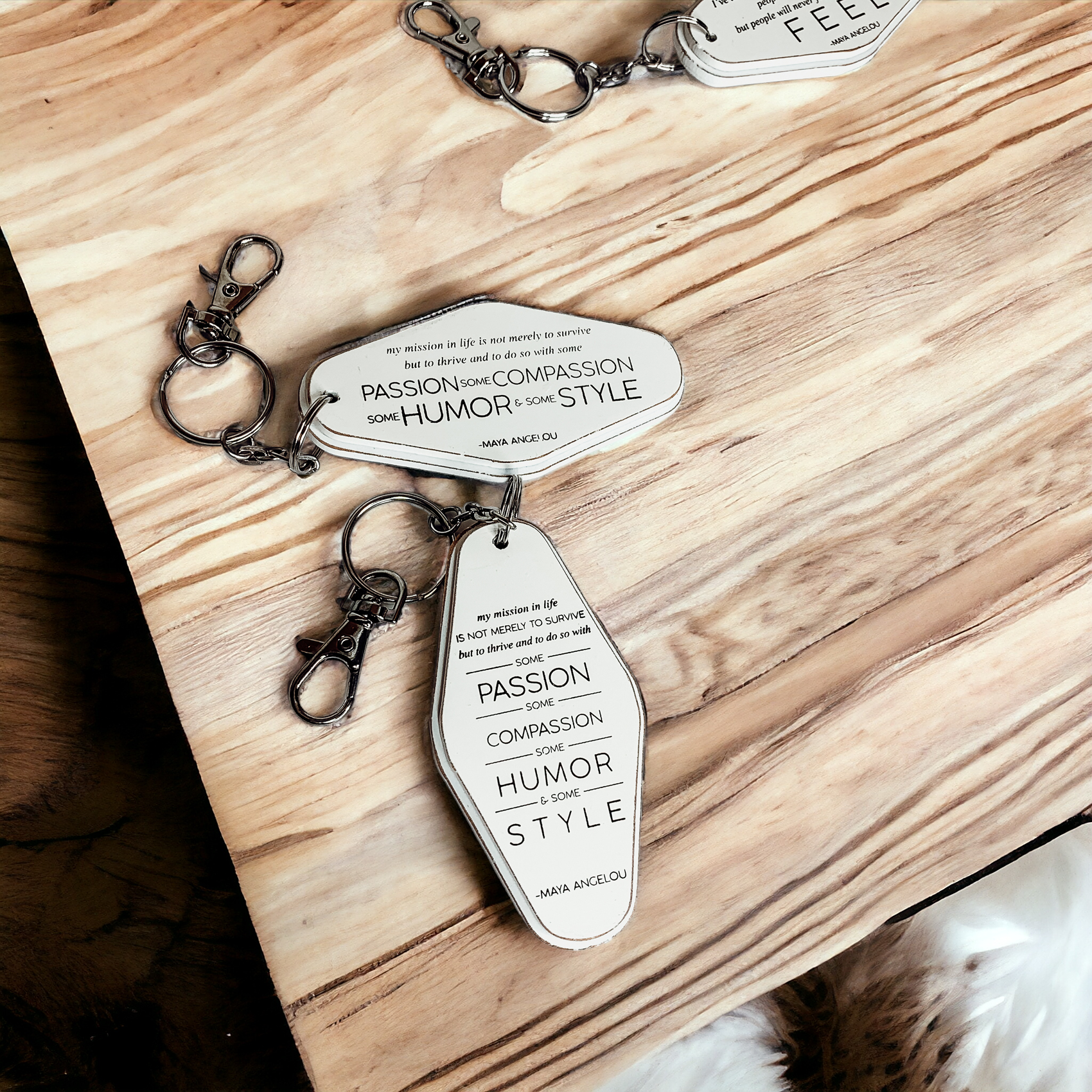 Wooden Inspirational Keychains Double Sided Engraved Motivational Messages Vertical Horizontal BandsCo Straps