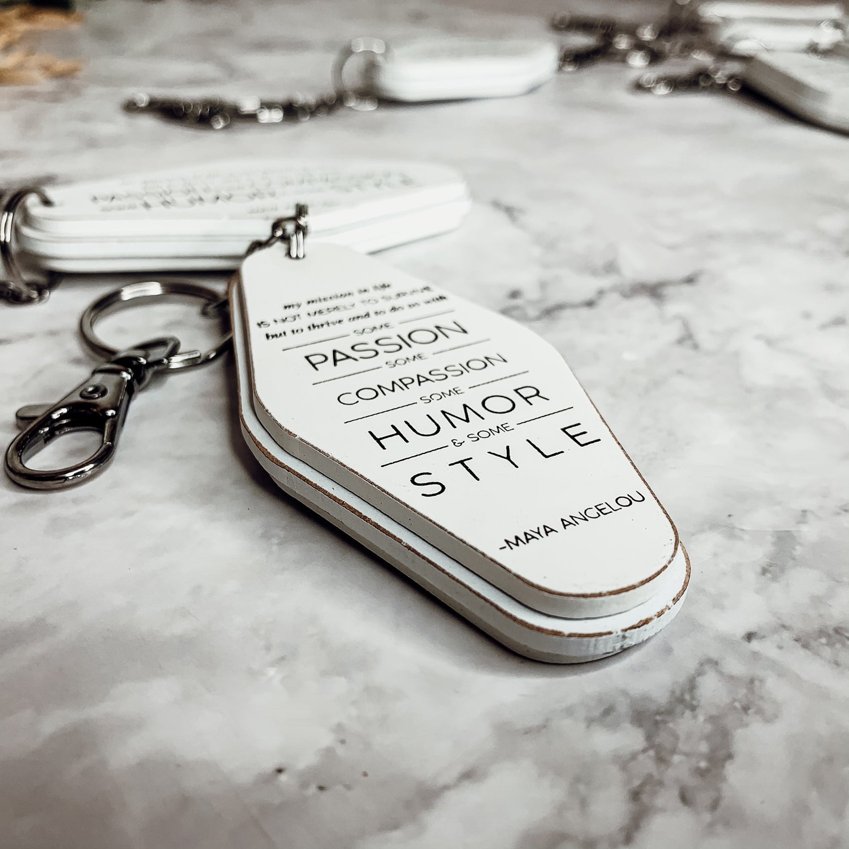 Wooden Inspirational Keychains Double Sided Engraved Motivational Messages Vertical Horizontal BandsCo Straps