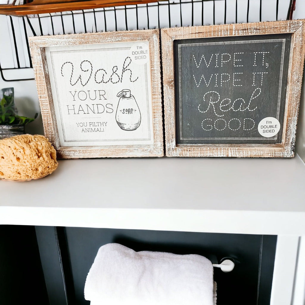 Double Sided Humorous Bathroom Sign Wipe It Real Good Reminder Wash Hands After Use BandsCo Straps