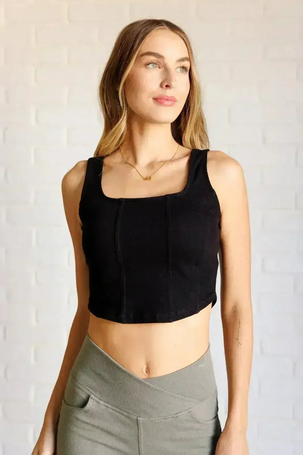 It's All About the Balance Twill Square Neck Crop Top in Black - SJB-DIAMOND ELITES