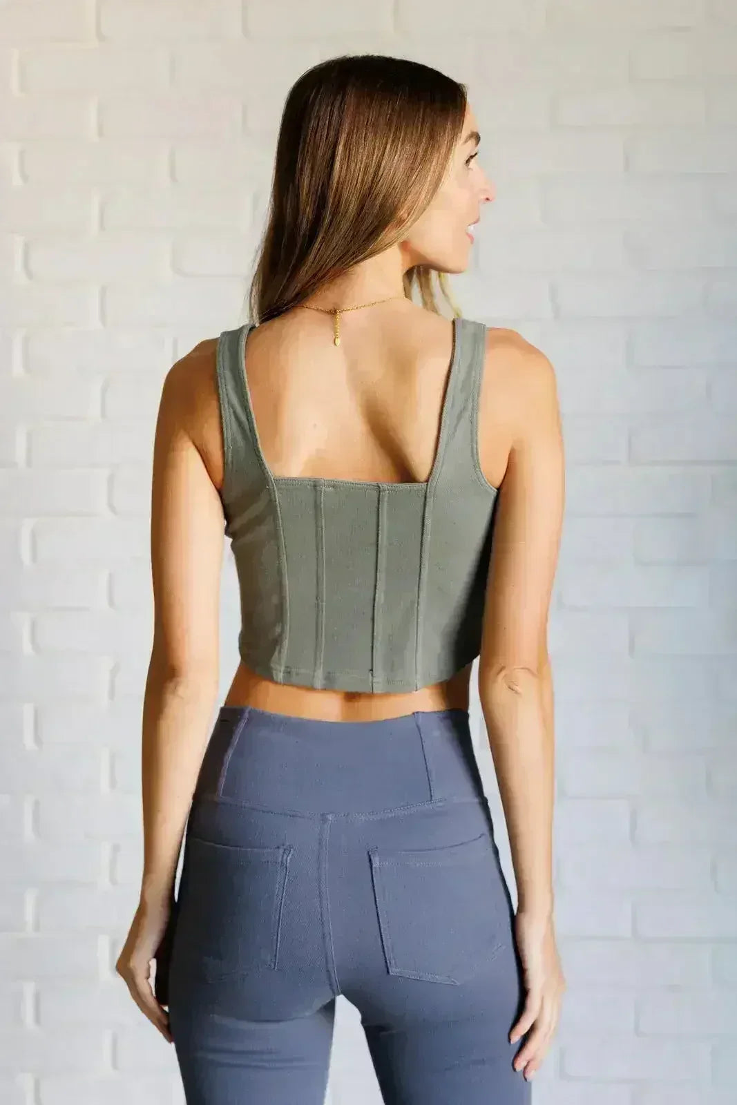It's All About the Balance Twill Square Neck Crop Top in Dusty Olive - SJB-DIAMOND ELITES