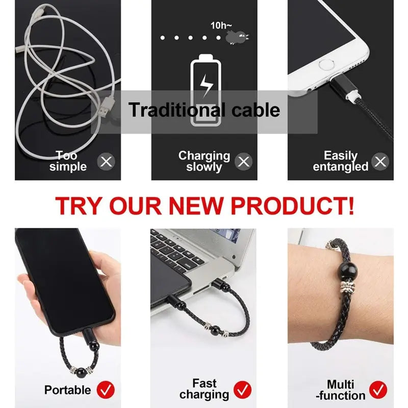 Leather Portable USB Type C and Micro Bracelet Phone Charger Pi-Mart