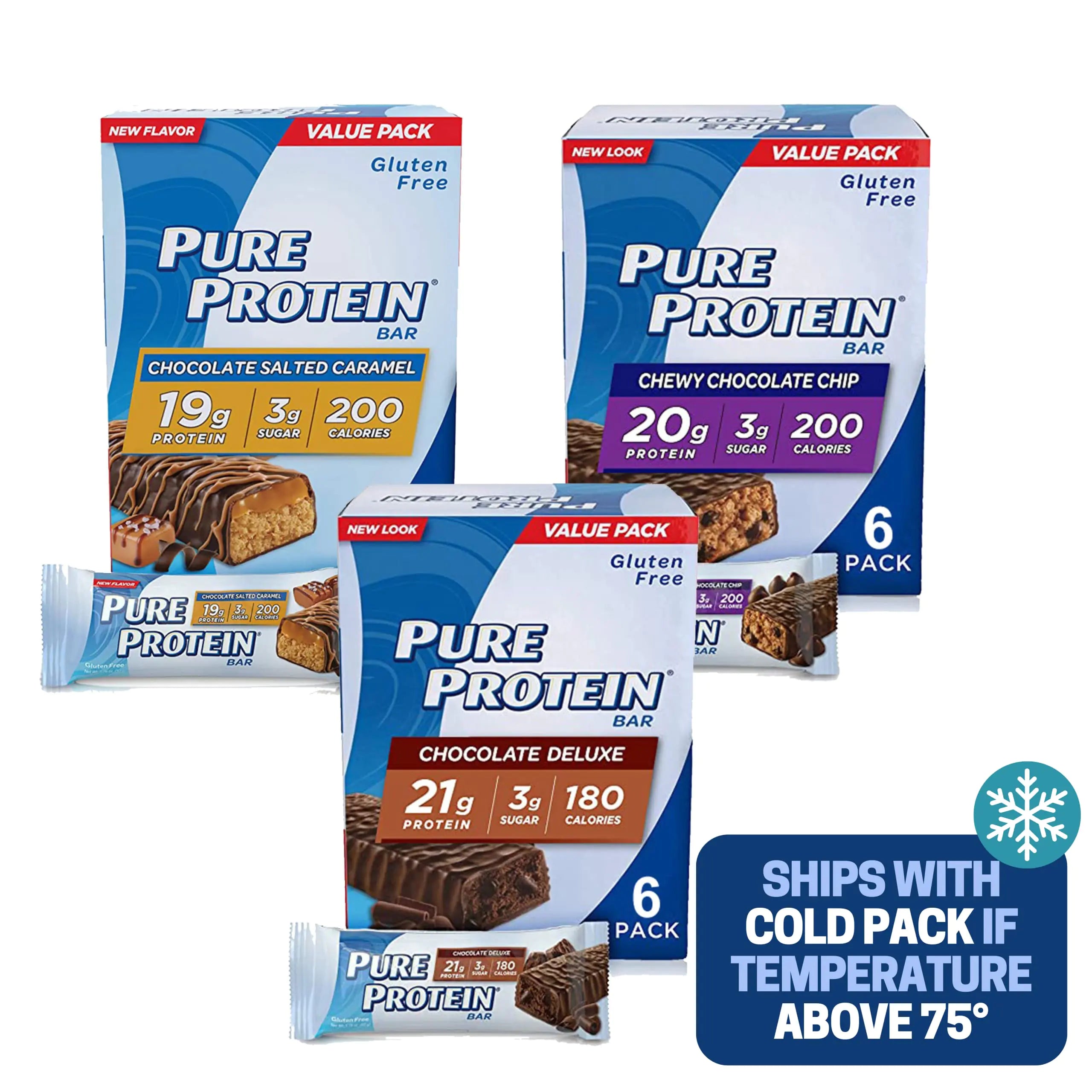 Pure Protein Bars Chocolate Salted Caramel Chewy Chocolate Chip Chocolate Deluxe - Box of 6-3 Boxes - 1 Box of each flavor