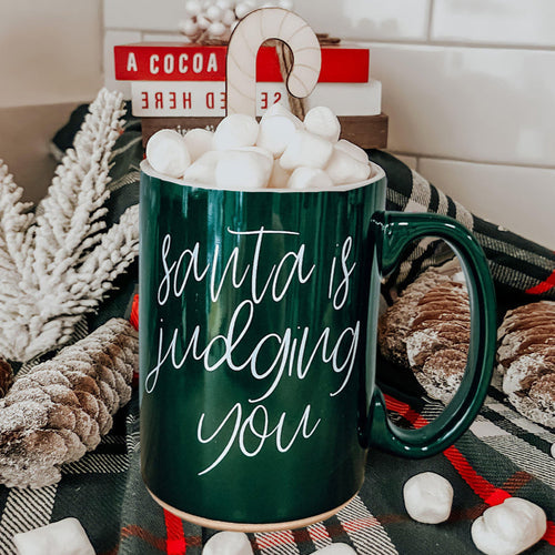 Santa's Judging You Naughty And Nice Ceramic Christmas Coffee Mug Red Or Green Double Sided BandsCo Straps