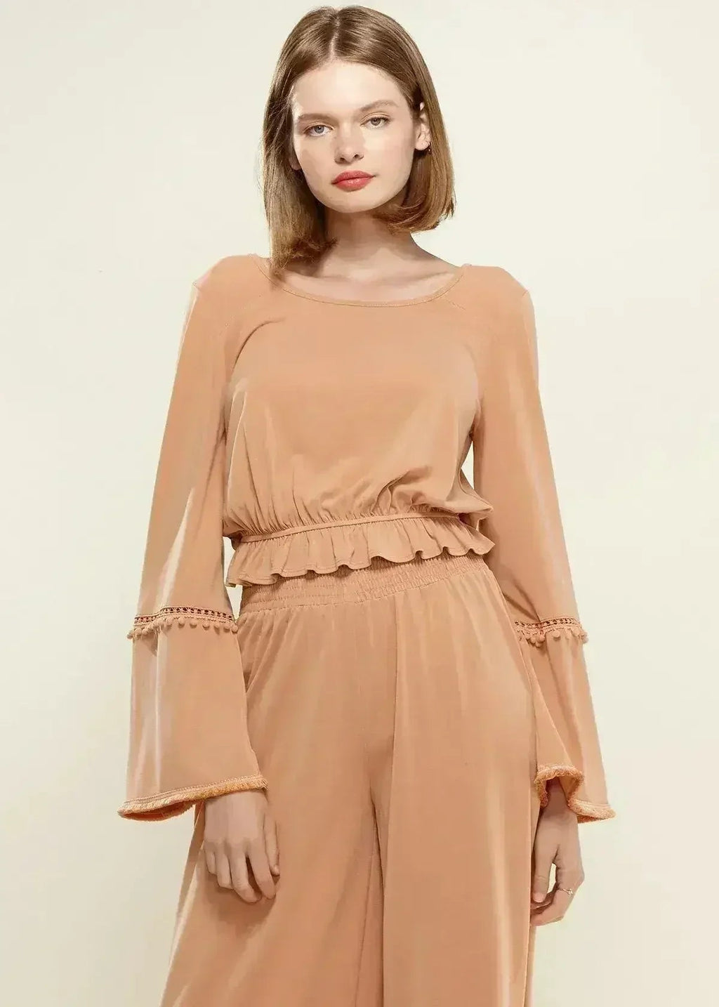 Women's Fringe Cuff Bell Sleeve Top in Apricot - SJB-DIAMOND ELITES