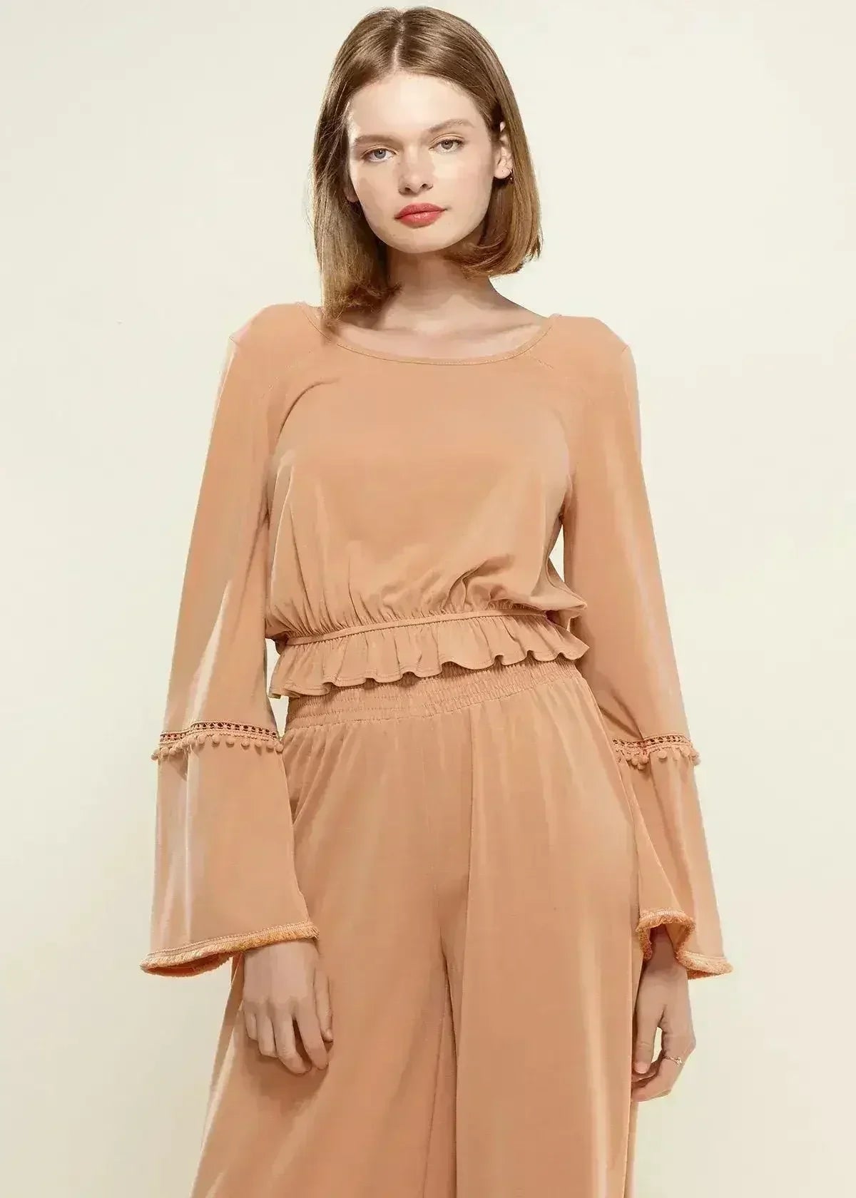 Women's Fringe Cuff Bell Sleeve Top in Apricot - SJB-DIAMOND ELITES