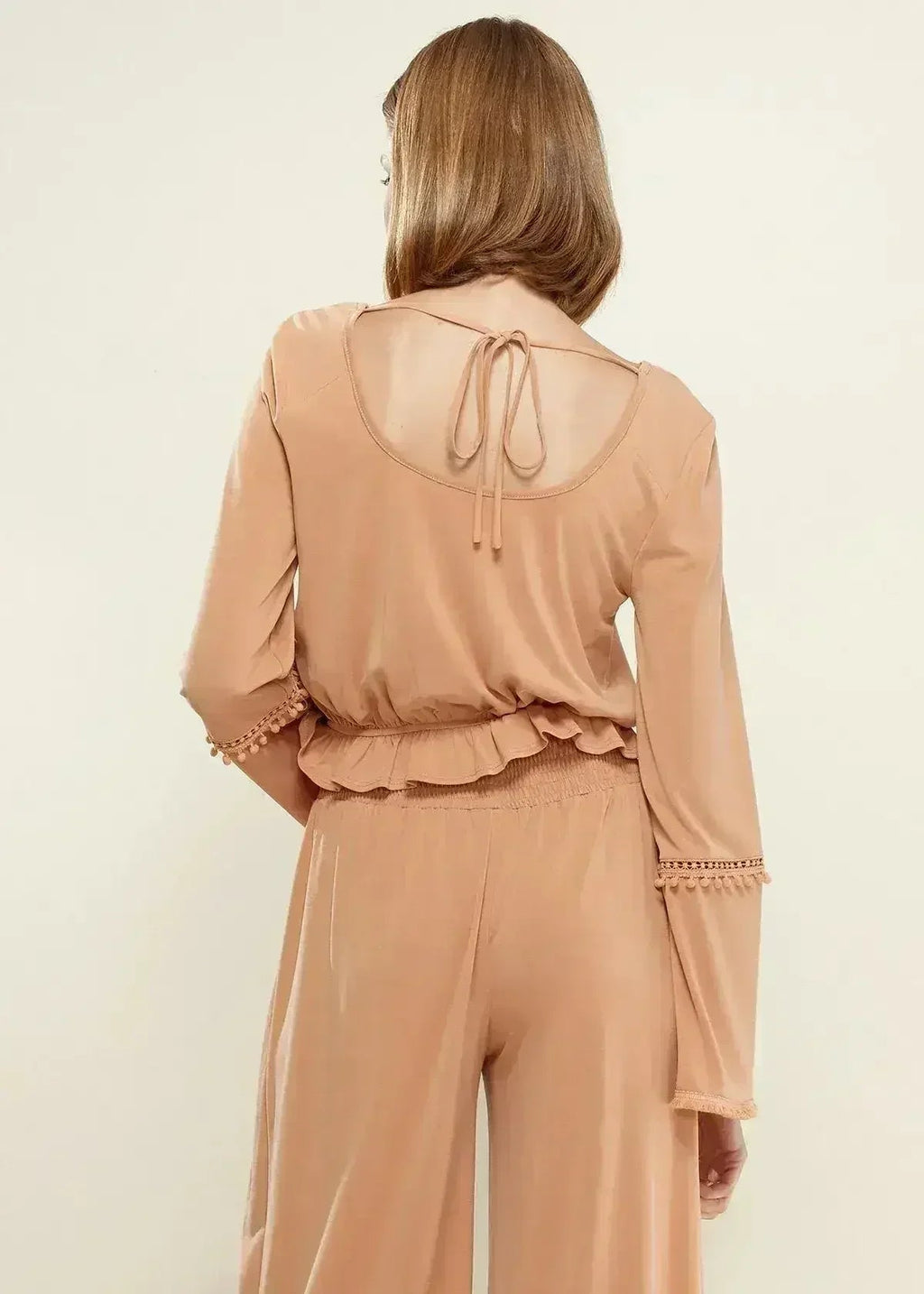 Women's Fringe Cuff Bell Sleeve Top in Apricot - SJB-DIAMOND ELITES