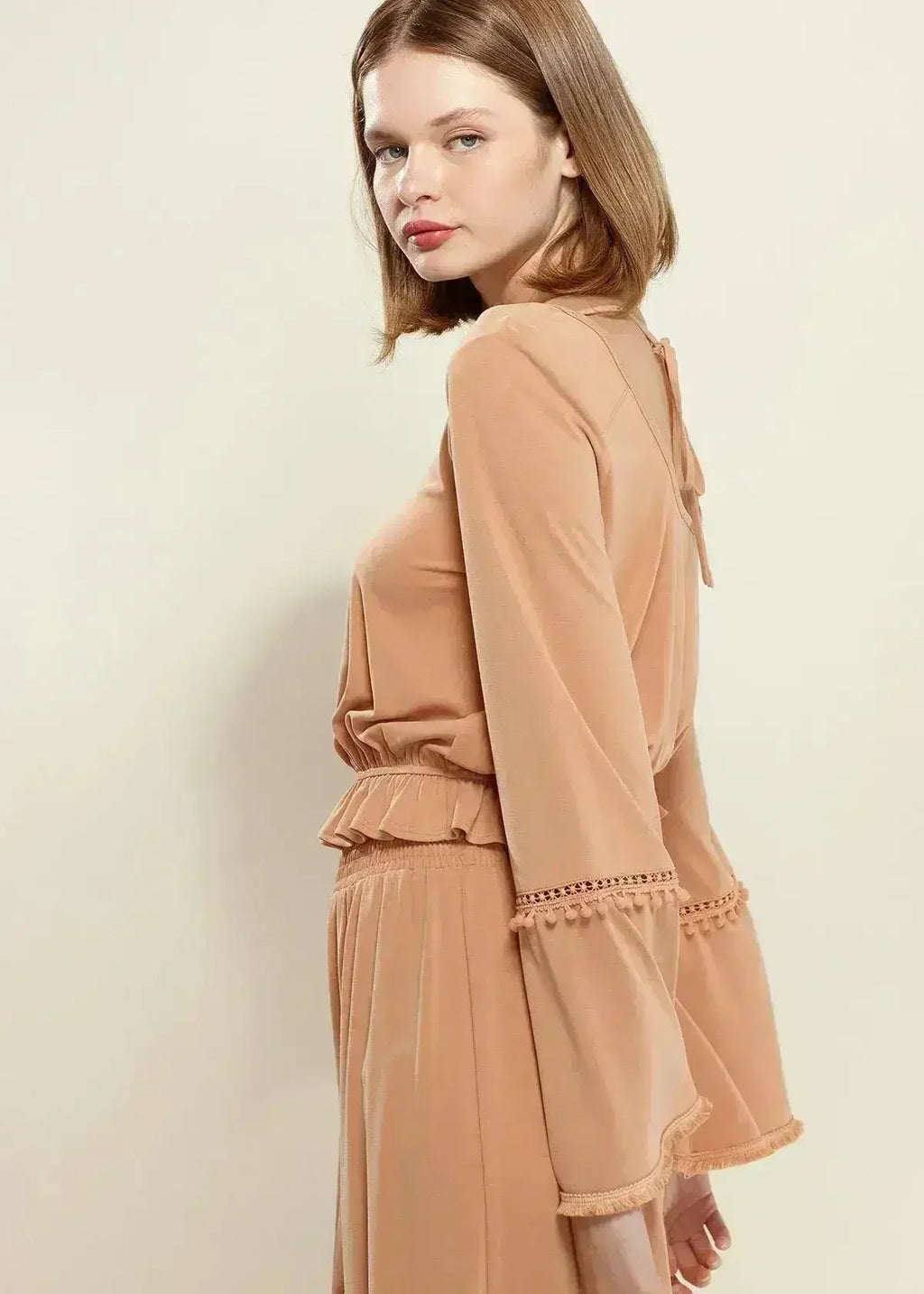 Women's Fringe Cuff Bell Sleeve Top in Apricot - SJB-DIAMOND ELITES