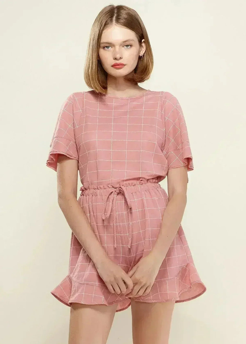 Women's Grid Print Crew Neck Blouse in Pink | Femstylo - SJB-DIAMOND ELITES